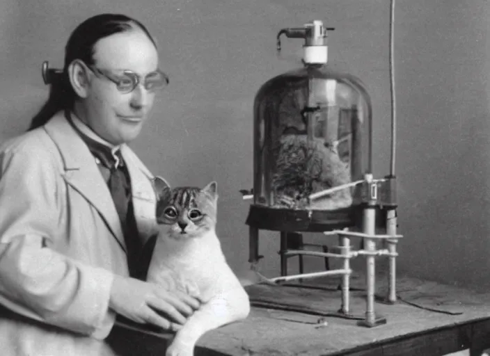 Image similar to old photograph of an anthropomorphic cat wearing a lab coat
