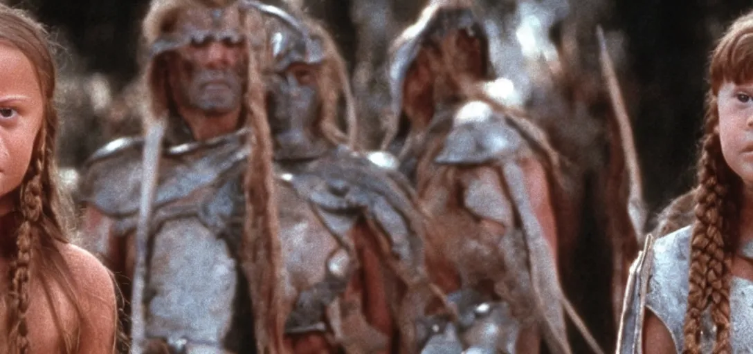 Image similar to still of greta thunberg as conan in conan the destroyer ( 1 9 8 4 )