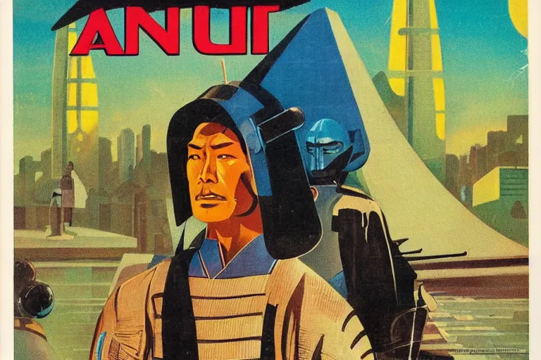 Image similar to 1979 OMNI Magazine Cover of a a samurai in a conical hat. in cyberpunk style by Vincent Di Fate