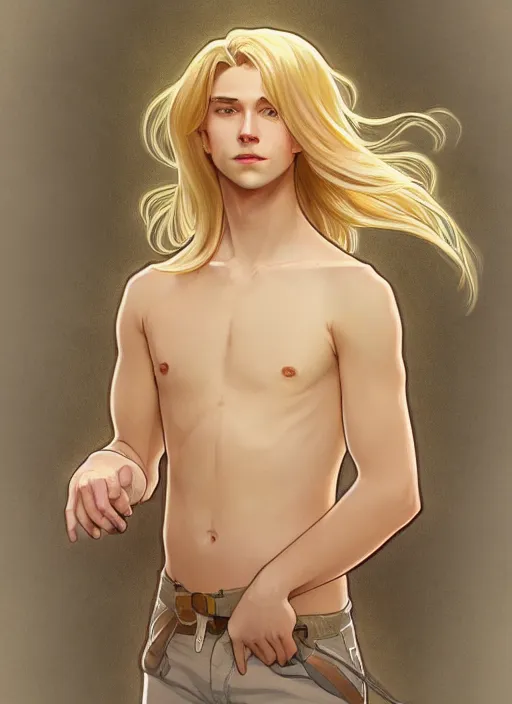 Image similar to pretty young man with shoulder length shiny shimmering golden blond hair, half body shot, path traced, highly detailed, high quality, digital painting, by studio ghibli and alphonse mucha, leesha hannigan, hidari, disney