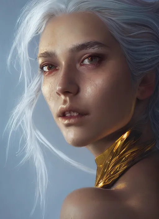 Prompt: girl with unkempt gold and silver hair, beautiful highly detailed face, complementary lighting, backlit, eyeshadow, divine, beautiful painting by artgerm and greg rutkowski and raymond swanland