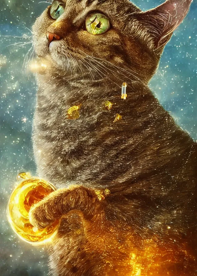 Image similar to best book cover design, glowing silver and golden elements, full close-up portrait of realistic cat with topaz, book cover, citrine gem forest, blue diamond moon, establishing shot, extremely high detail, photo-realistic, cinematic lighting, by Yoshitaka Amano, Ruan Jia, Kentaro Miura, Artgerm, post processed, concept art, artstation, matte painting, style by eddie mendoza, raphael lacoste, alex ross