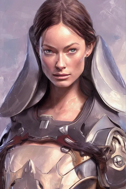 Image similar to a professional painting of a young Olivia Wilde, clothes in military armor, olive skin, long dark hair, beautiful bone structure, symmetrical facial features, intricate, elegant, digital painting, concept art, smooth, sharp focus, illustration, from StarCraft by Ruan Jia and Mandy Jurgens and Artgerm and William-Adolphe Bouguerea