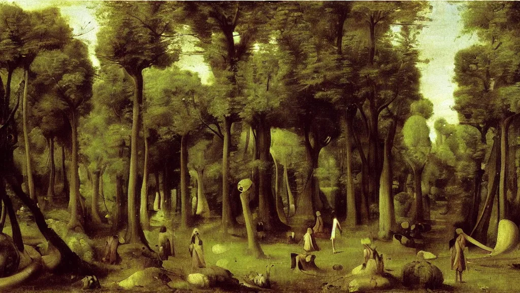 Prompt: landscape of a fey forest, by camille corot, by hieronymus bosch, fine art, volumetric lighting, giant mushroom trees, woodland spirits