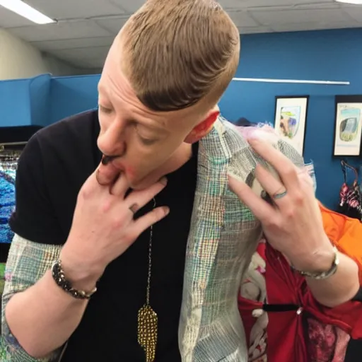 Image similar to Macklemore having a mental breakdown at Goodwill