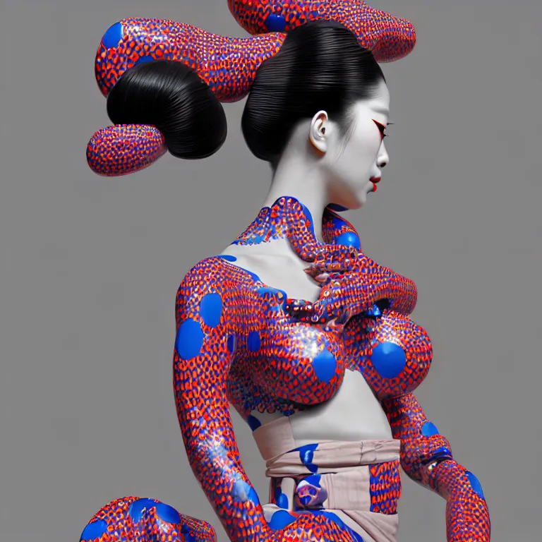 Image similar to hyperrealistic detailed image of a geisha in a art installation room, hd smooth interior by yayoi kusama, part by kei mieno, part by ross tran, dark art by james jean, ultra realistic, highly detailed, life like face, detailed body, 8 k, 3 d render by roger magrini, masterpiece