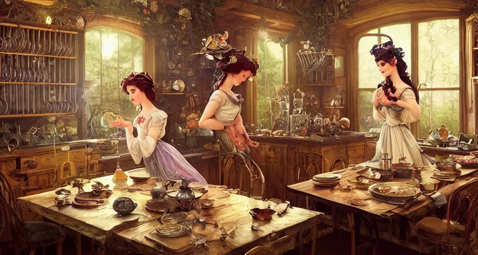 Image similar to a mid - shot of a fairy in a vintage magical kitchen, with one vintage book on a table, with a fireplace in the background d & d, fantasy, intricate, elegant, highly detailed, digital painting, artstation, concept art, smooth, sharp focus, illustration, art by artgerm and greg rutkowski and alphonse mucha