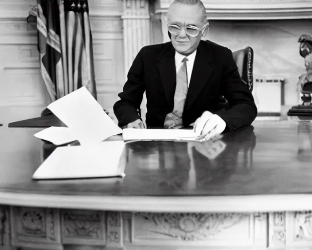 Image similar to a b-move alien lizard man wearing a suit, in the oval office, 1951, early black and white photo, cdx