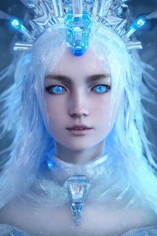 Image similar to ice goddess with beautiful face with a glowing blue crystal on her forehead, frosty white eyes, winter mist around her, white plated armor, pale skin, white smoke ， photorealism, octane render, frostbite, 8 k, cinematic, 3 5 mm, aspect ratio
