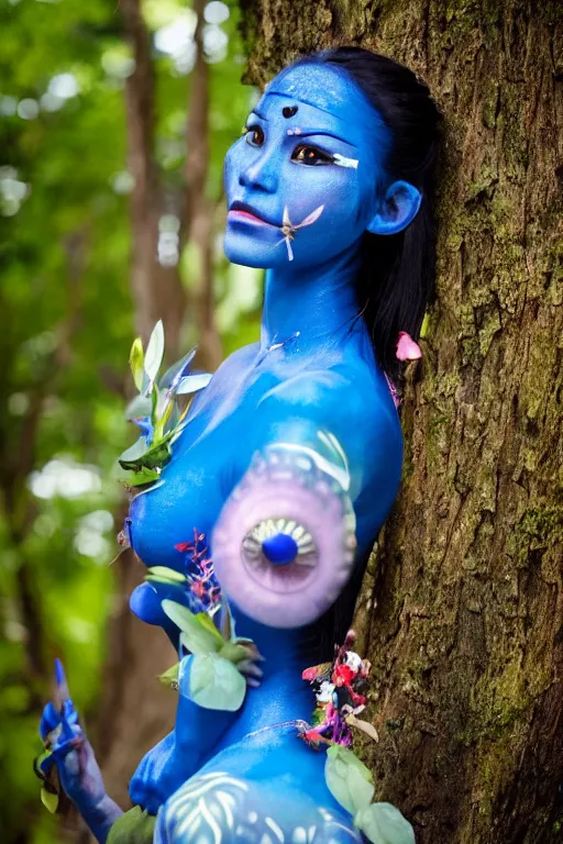 prompthunt: a korean woman dressed as a blue-skinned female navi from  avatar standing in a forest, blue body paint, high resolution film still,  8k, HDR colors, cosplay, outdoor lighting, high resolution photograph