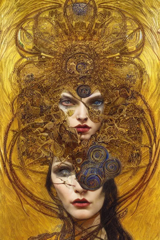 Image similar to Intermittent Chance of Chaos Muse by Karol Bak, Jean Deville, Gustav Klimt, and Vincent Van Gogh, enigma, destiny, fate, unearthly gears, otherworldly, fractal structures, arcane, prophecy, ornate gilded medieval icon, third eye, spirals