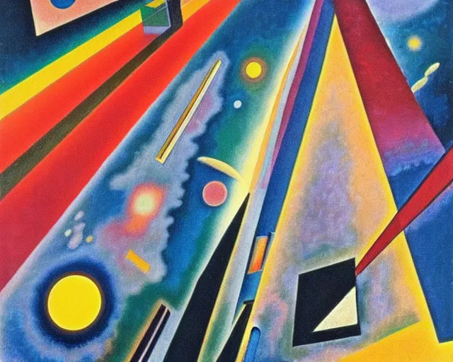 Prompt: a Kandinsky painting of 2001 a Space Odyssey by Stanley Kubrick