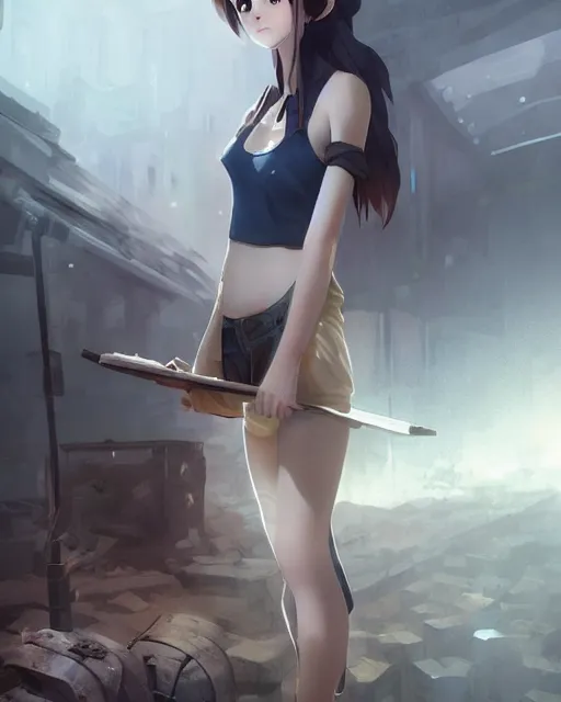 Image similar to a girl mining in a coal mine, dirty hard work, full shot, atmospheric lighting, detailed body and face, by makoto shinkai, stanley artgerm lau, wlop, rossdraws