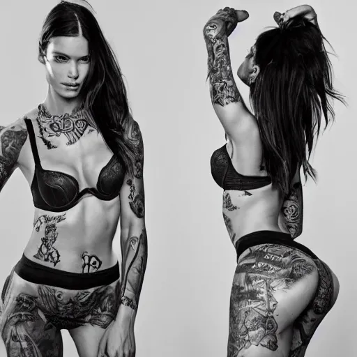 Prompt: fully body pose, photo of a very beautiful!! victoria secret model, fully tattooed, 8 k, hdr, smooth, sharp focus, high resolution, award - winning photo, trending on artstation, dslr, 5 0 mm c 1 5. 0