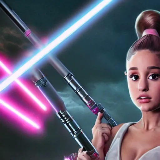 Prompt: A hyper realistic photo of Ariana Grande in the Star Wars universe with two pink lightsabers. Maximum detail on artstation, photo realism