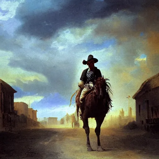 Prompt: oil painting of cowboy in dusty street in western town, storm clouds, sunrays, very very very very very beautiful bright art, american romanticism by goya, colorful masterpiece, realistic and detailed