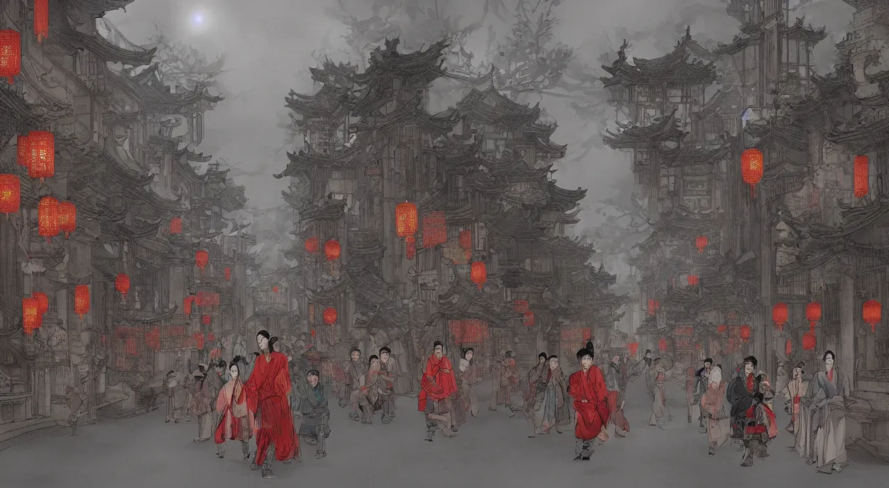 Image similar to on the night of the chinese new year's day, many chinese ghosts wander in the ancient chinese streets. the guiding line composition method, the tindal effect, the soft light, the cool color, by wu jinyuan, trending on artstation