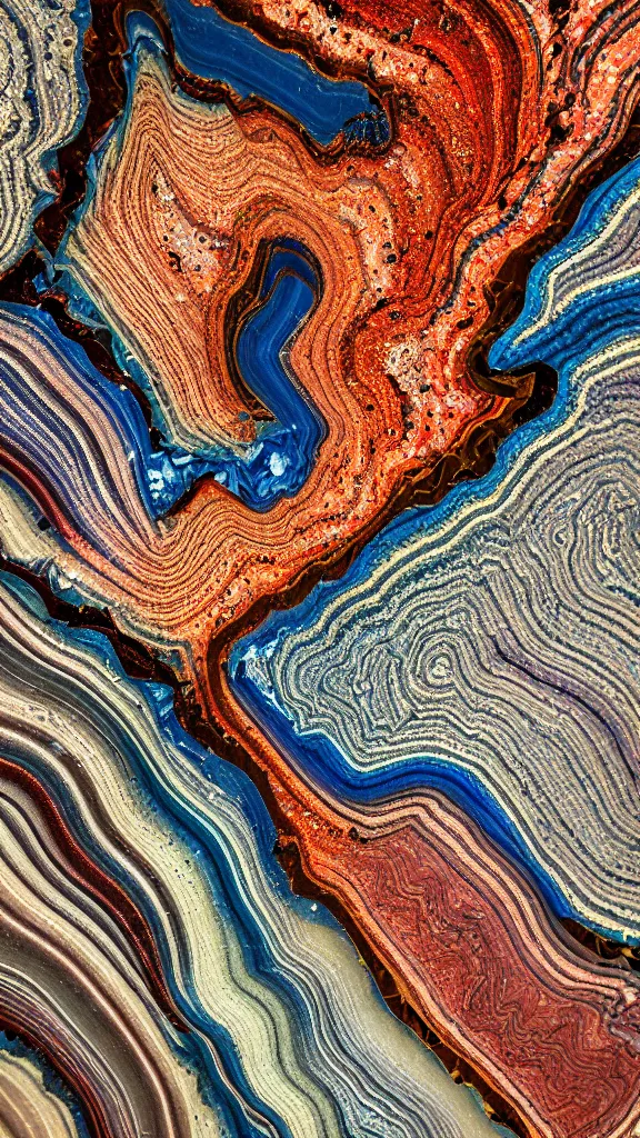 Prompt: macro photography, vivid color, folded, tessellated planes and shelves of rock, alien sedimentary crystal formations, quartzite, igneous rock, marbled veins, 3D!!! diorama!!!!!!, depth of field patina of inlaid circuitry, layers of strata, mineral grains, dramatic lighting, rock texture, sand by James jean, geology, octane render in the style of Luis García Mozos