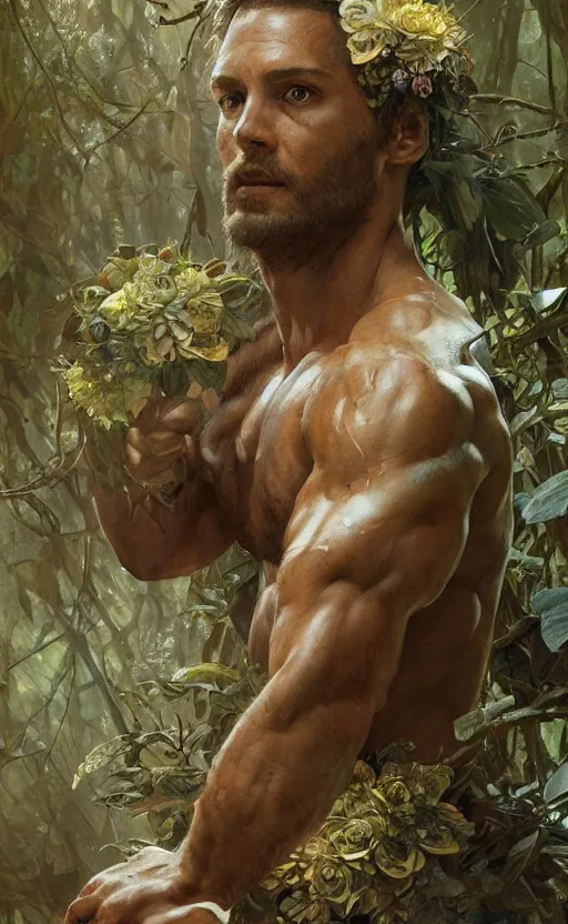 Image similar to god of the forest, 3 0 years old, rugged, male, gorgeous, detailed face, amazing, thighs!!!!!!, flowers, muscular, intricate, highly detailed, digital painting, artstation, concept art, sharp focus, illustration, art by greg rutkowski and alphonse mucha