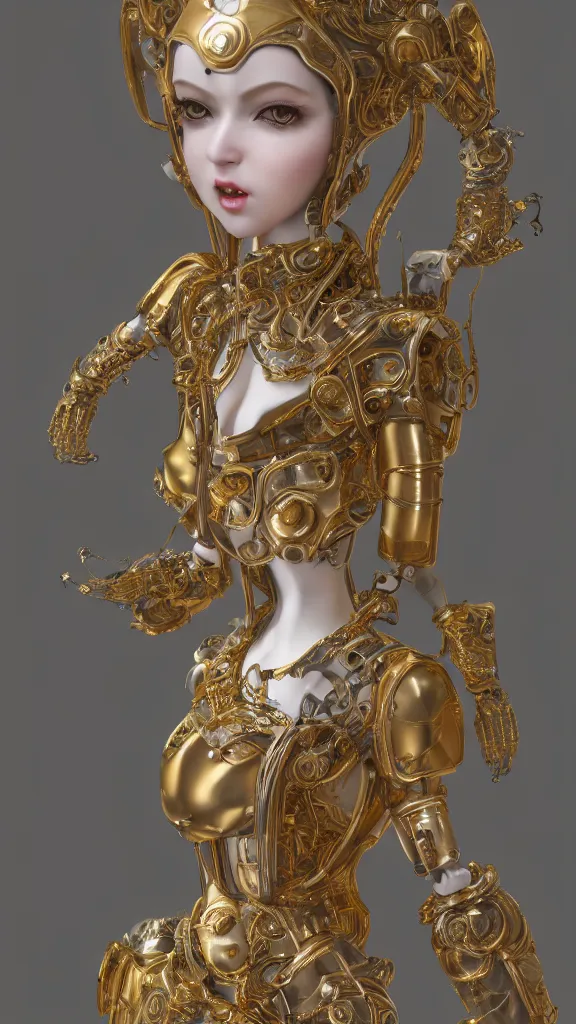 Image similar to ornate porcelain android woman doll, platinum jewellery, intricate gold trimmings, elegant, highly detailed, artstation, concept art, sharp focus, illustration, 3d total, unreal engine, vfx, octane render