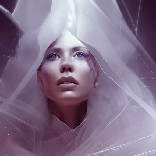 Prompt: a highly detalied digital image of a shattering futuristic woman elegantly tangled in white linen, by Andrew Chiampo, artstation, and Frederik Heyman, extremely detailed woman, stunning volumetric lighting, hyper realism, fantasy 4k