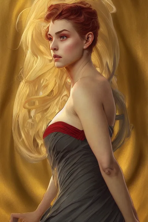 Image similar to a girl wearing a golden dress, grey hair, red necktie, cinematic, stunning, highly detailed, digital painting, artstation, smooth, hard focus, full body shot, illustration, art by artgerm and greg rutkowski and alphonse mucha