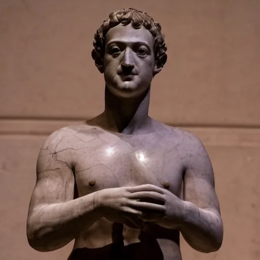 Prompt: Mark Zuckerberg marble statue by Michelangelo, Metropolitan Museum of Fine Art, close up, 85mm f/1.4