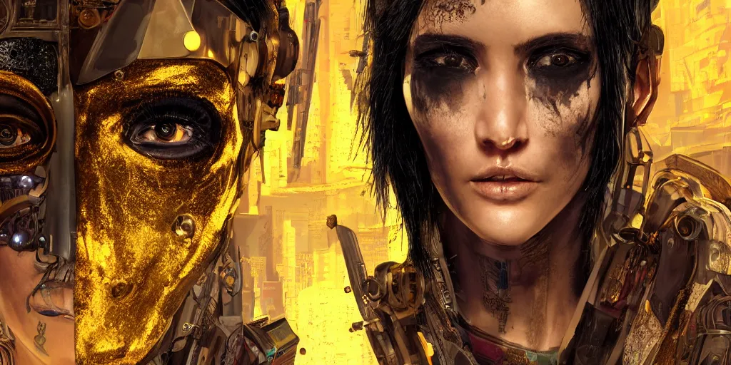 Image similar to realistic portrait of the cyberpunk punk with golden black crown and pretty eyes, ultra realistic, 8k