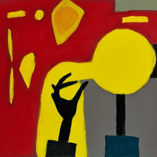 Image similar to a painting of a person holding a yellow and red umbrella, a cave painting by etel adnan, reddit contest winner, metaphysical painting, childs drawing, wimmelbilder, apocalypse art