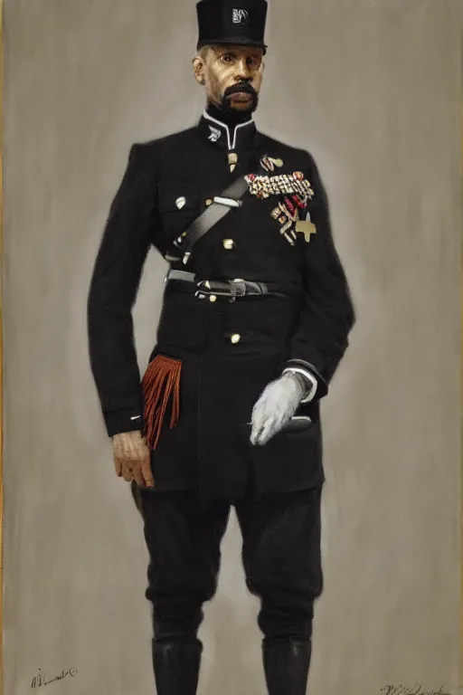 Prompt: full body portrait of the dictator of the brooklyn nets, 1 8 8 9, in full military garb, black, silver, oil on canvas by william sidney mount, trending on artstation