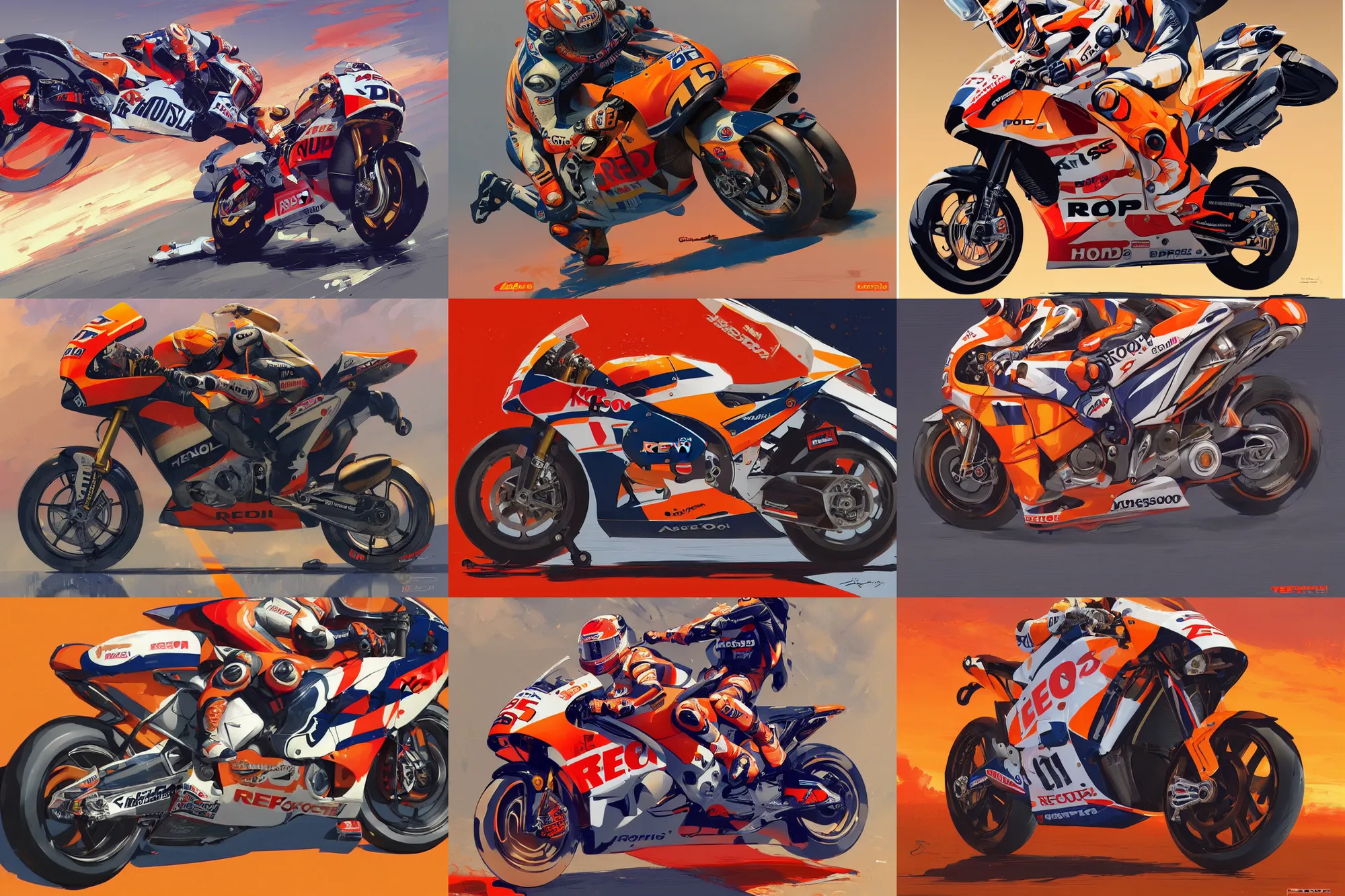 Prompt: repsol honda motogp bike, rc 2 1 3, tamiya box art, behance hd artstation by jesper ejsing, by rhads, makoto shinkai and lois van baarle, ilya kuvshinov, ossdraws, u and loish and laurie greasley, victo ngai, andreas rocha, john harris