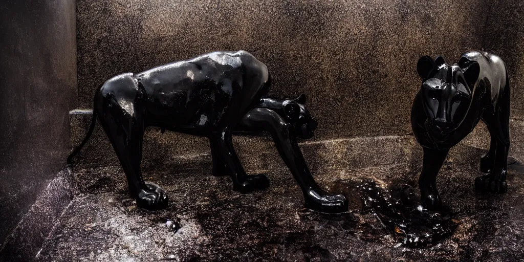 Prompt: the black lioness made of tar, bathing in the bathtub filled with tar, dripping tar, drooling goo, sticky black goo, photography, dslr, reflections, black goo, rim lighting, cinematic light, chromatic, saturated, slime, modern bathroom