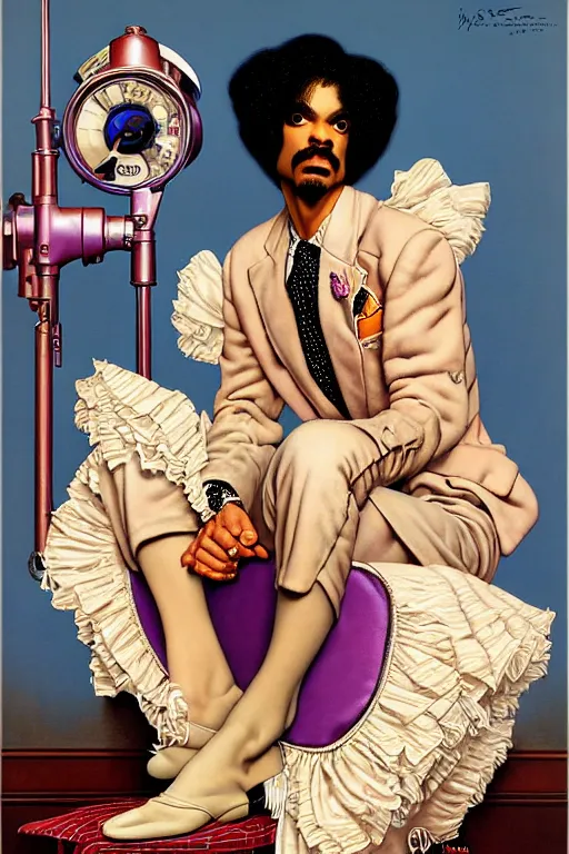 Prompt: prince rogers nelson portrait by gil elvgren and norman rockwell and rob gonsalves and hajime sorayama, hyperrealistic, high detail, ultra detailed, highly detailed face, ruffled fabric