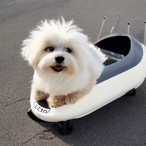 Image similar to a cream-colored havanese dog in a bobsled, gopro photo, 4k