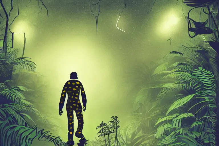 Image similar to high contrast digital art of a surreal dark jungle, astronaut walking, mysterious crazy world, talking creatures, night, fireflies