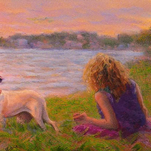 Prompt: girl with curly blonde hair sits next to her white pitbull, sitting on a riverbank watching the sunset, painting by marc fishman