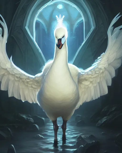 Image similar to Swan, Anthropomorphized, Angelic, Magical, Priest, D&D, artstation, fantasy, magic the gathering artwork, cinematic lighting, centered, symmetrical, highly detailed, digital painting, , concept art, smooth, sharp focus, illustration, volumetric lighting, epic Composition, 8k, art by Akihiko Yoshida and Greg Rutkowski and Craig Mullins, oil painting, cgsociety