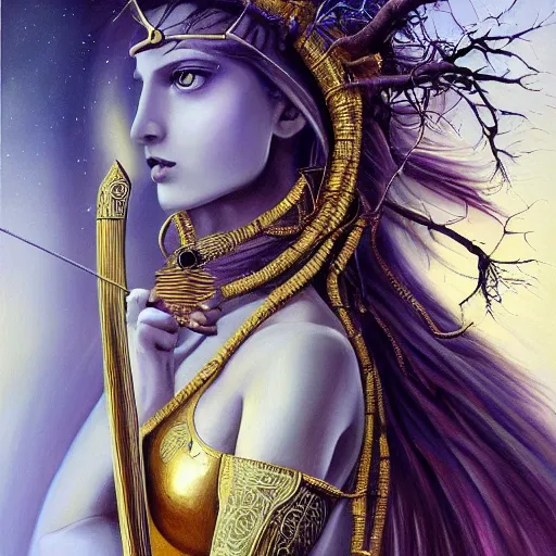 Prompt: beautiful gorgeous pristine Goddess of life itself with a scythe, dark Goddess of artificial intelligence creating an artificial neural network with gold synapses on an anvil with her scythe, high resolution, award winning art, trending on art station, sharp image, incredibly detailed, detailed character, realistic painting, hyper-realistic painting, coherent painting, master piece by ramon y cajal