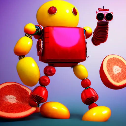 Image similar to fruit robot on colorful background, octane render, unreal render, hyperrealistic textures