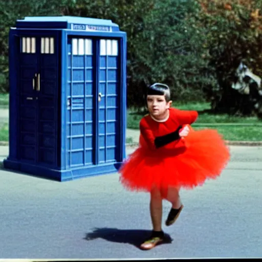 Image similar to color photo of spock in a tutu exiting the tardis
