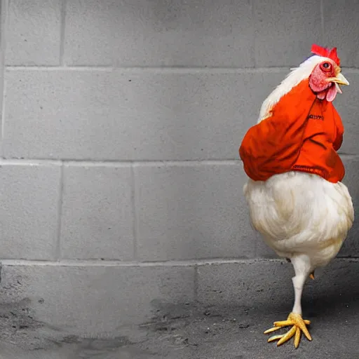 Image similar to chicken dressed as an inmate, real photography, police statiom