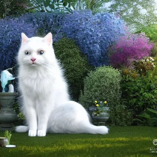 Prompt: hyperrealistic image of fun, fluffy white cat with one blue eye and one green eye, in a fairy garden, stunning 3 d render inspired art by greg rutkowski and xiang duan, perfect facial symmetry, realistic, highly detailed attributes and atmosphere, dim volumetric cinematic lighting, 8 k octane detailed render, post - processing, masterpiece