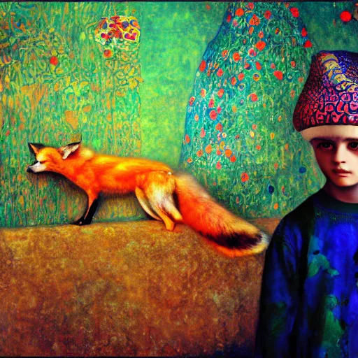 Prompt: painting of vivid colors iraqi boy child with a pet fox gustav klimt wallpaper by android jones detailed matte painting 8 k best on artstation cinematic lighting collage