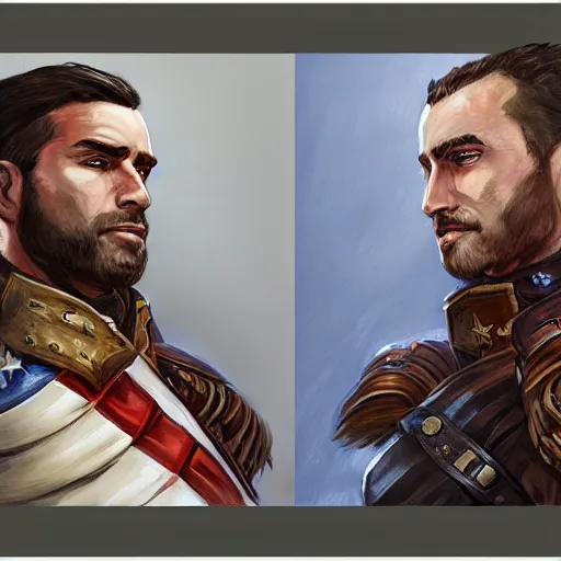 Prompt: portrait of a man in a continental battlecoat with an american flag belt, D&D, fantasy, elegant, hopeful, muscular, highly detailed, digital painting, artstation, concept art, smooth, sharp focus, illustration