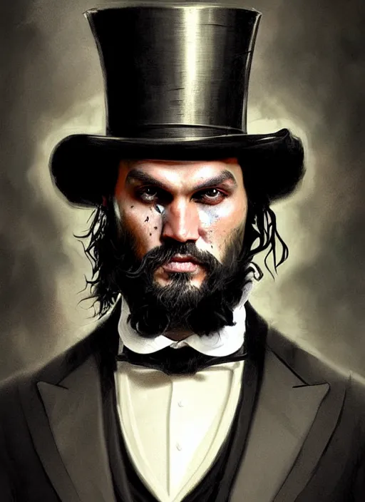 Image similar to portrait of jason mamoa wearing a top hat, victorian, concept art, detailed face, fantasy, close up face, highly detailed, cinematic lighting, digital art painting by greg rutkowski