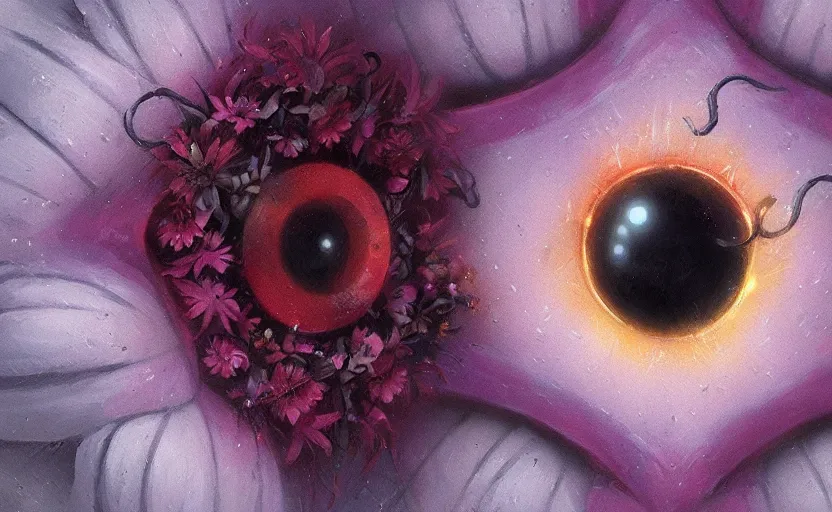 Image similar to close up of a beautiful flower with robot eyes in the middle by Greg rutkowski