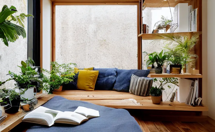 Image similar to interior desing magazine photo of a big window with a wooden frame to sit on, some sandy yellow pillows, there are just a few books and plants on a small integrated shelf, great architecture, ambient light, 8k