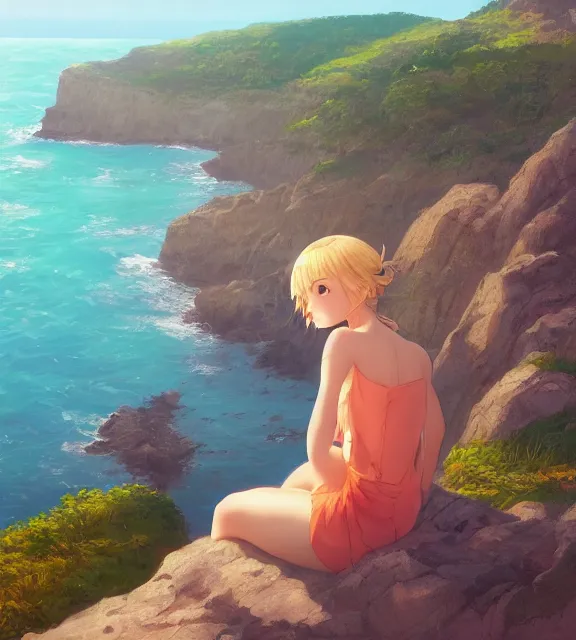 Image similar to a girl sitting on a cliff overlooking a beach. vivid colors, soft lighting, atmospheric, cinematic, moody, in the style of ilya kuvshinov and range murata, krenz cushart, oil on canvas, 8 k