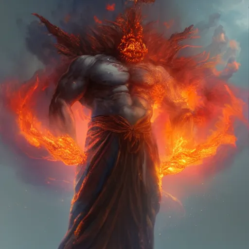 Prompt: a person kneeling before a gigantic god - like figure wrapped in smoke and flames. feature on artstation. digital art.