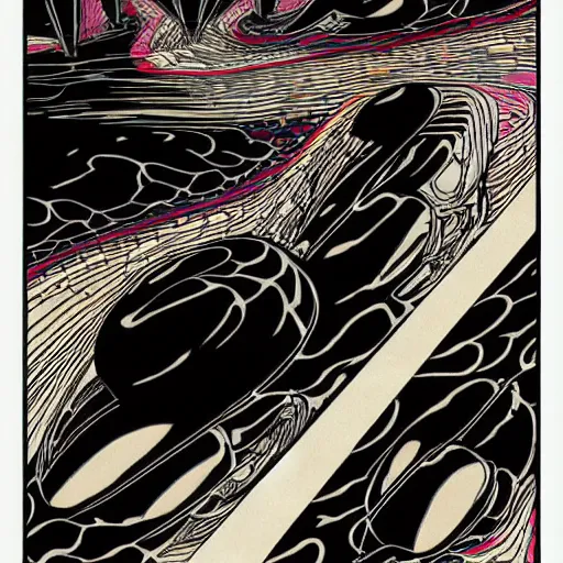 Image similar to rolling stones, painted black, hyper detail, in style of moebius